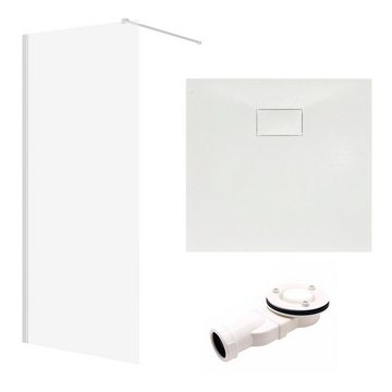 KOLMAN Walk-in-Dusche SET: Duschwanne VIDAR 80x80 Weiß & Walk-In Dusche KETIL Chrom 80x195, (Transparentes Glas), Ablaufgarnitur Gratis