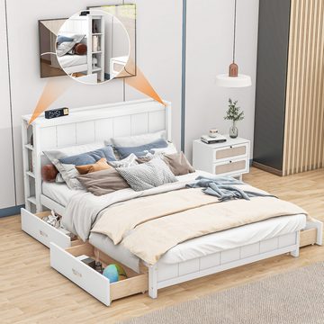 Welikera Bett 140x200cm Plattformbett mit Stauraum am Kopfende,Doppelbett,Holzbett, 4 Schubladen unter dem Bett,Massivholzbett, Weiß