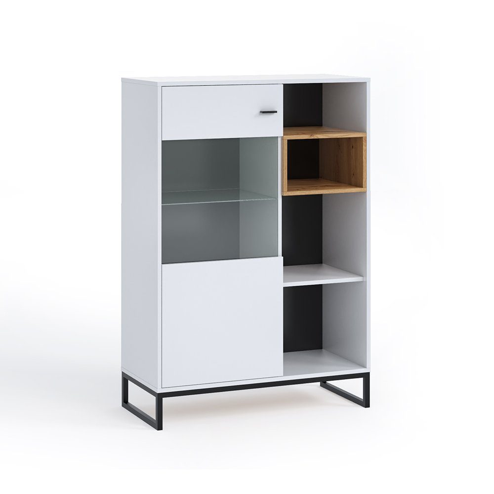 Lomadox Highboard OSTUNI-132, Vitrinenschrank Regalschrank in weiß, 90x130x40 cm