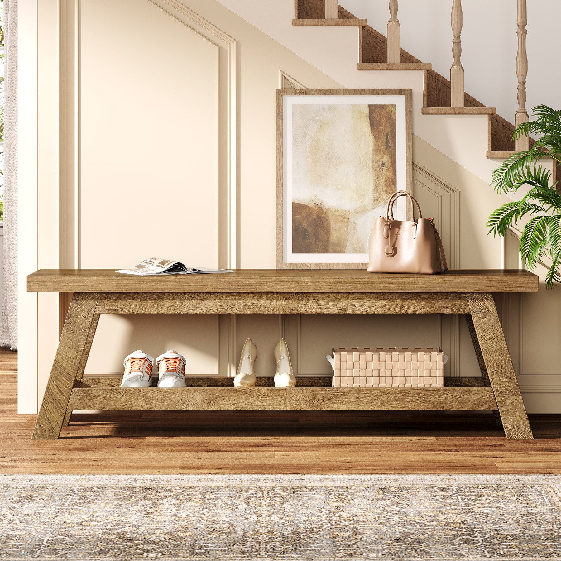 Tribesigns Schuhbank 140 cm Holz-Eingangsbank, 2-stöckige schmale Sitzbank für Flur, Foyer
