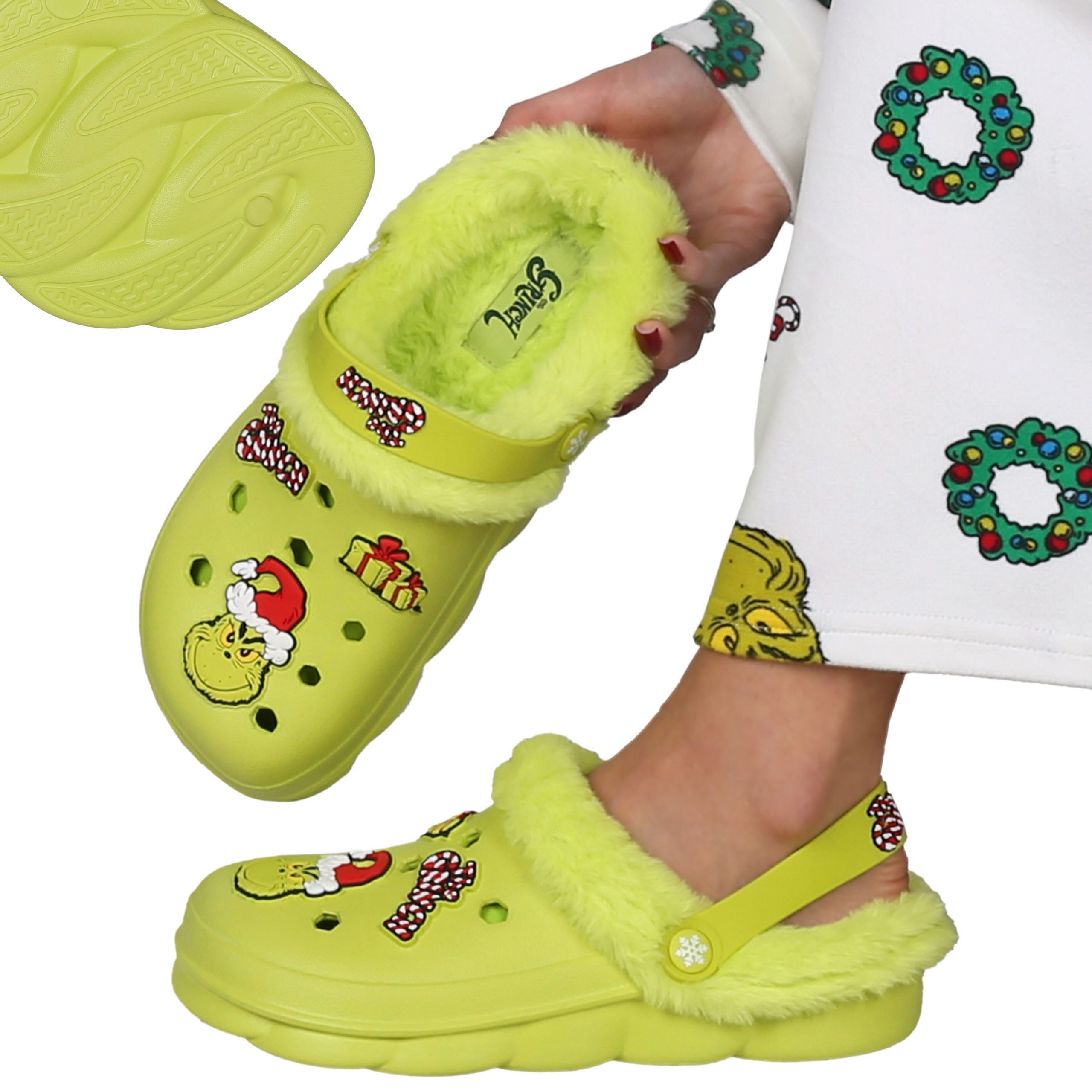 Grinch Kinderclogs, ISOLIERTE Weihnachtsclogs mit Fell für Kinder Hausstiefel