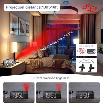 BlingBin Projektionswecker Wecker mit Projektion 180 ° Wecker Digitaler mit Snooze Dual-Alarm LED-Spiegelbildschirm 6 Helligkeit