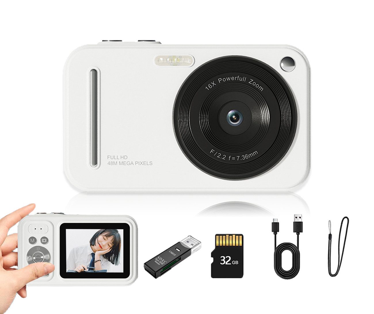 Tekoo Digitalkamera für Einsteiger, 48MP Full HD inkl. 32GB Karte & 16x Zoom Kompaktkamera (HD Autofokus Objektiv, 48 MP, 1x opt. Zoom, inkl. 8-teiliges Komplettset inklusive 32GB Speicherkarte, 48MP Auflösung, Inklusive 32GB Speicherkarte)