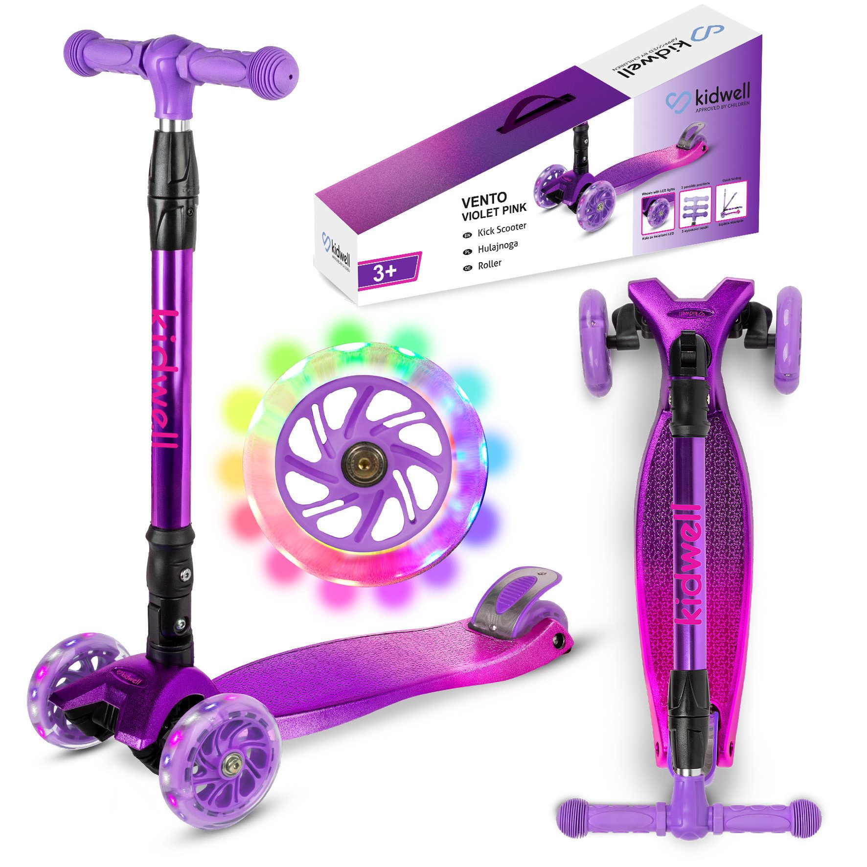 COIL Dreiradscooter Kinderroller, Tretroller, Dreirad-Balance-Roller, Cityroller, 10 km/h, ABEC-7-Lager, 3-stufige Lenkradverstellung, LED-Räder