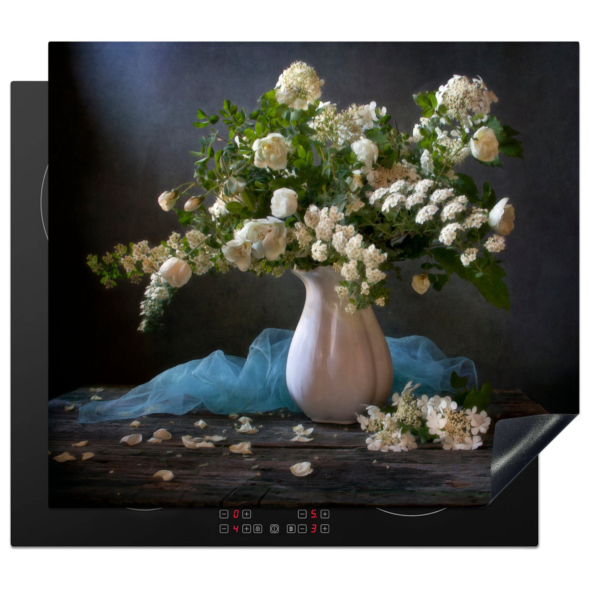 MuchoWow Herdblende-/Abdeckplatte Blumen - Weiß - Stilleben, Vinyl, (1 tlg), 59x52 cm, Ceranfeldabdeckung für die küche, Induktionsmatte