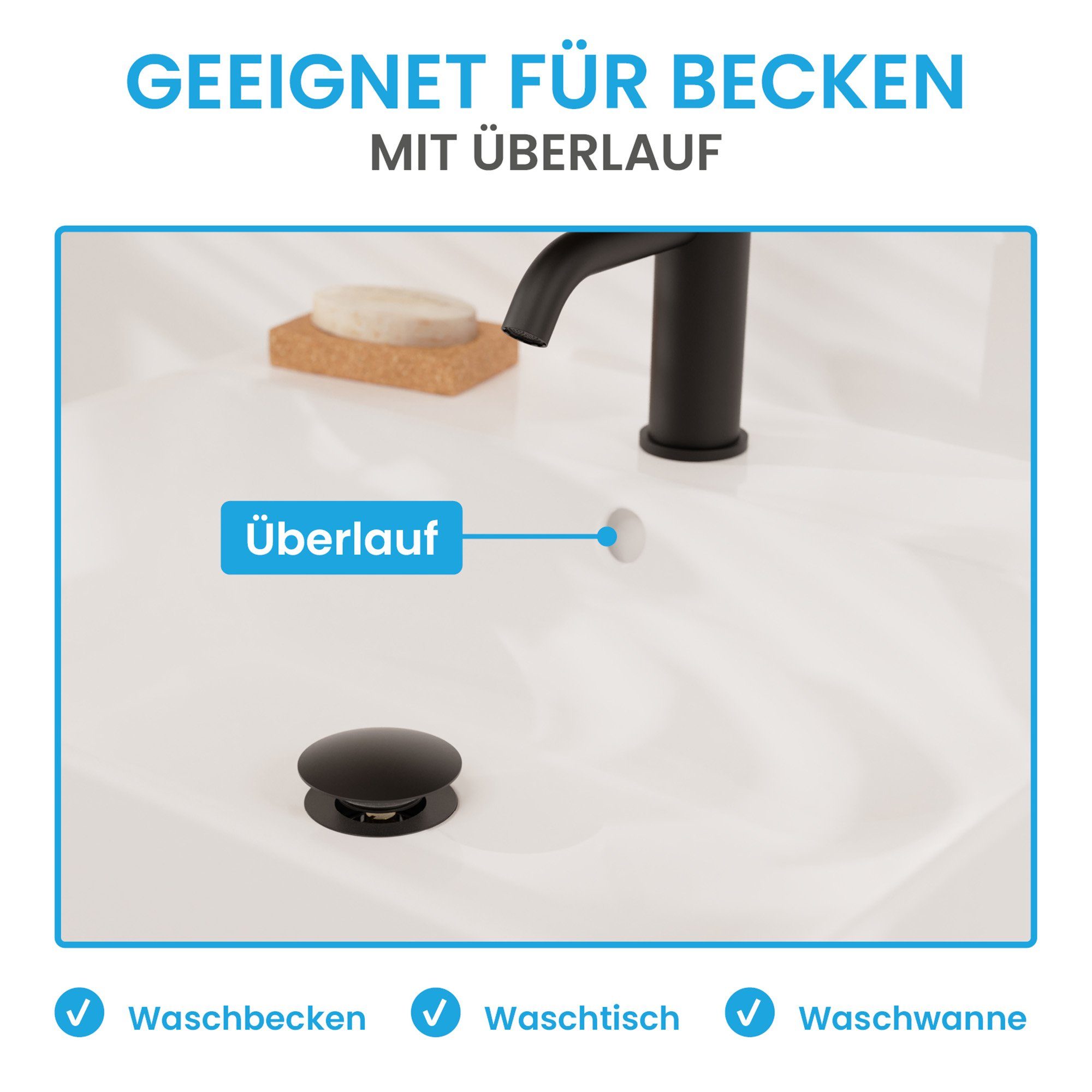 Bächlein Ablaufgarnitur Waschbeckenabfluss Pop Up (Waschbeckenstöpsel mit Überlauf) Werkzeugloser Einbau - Click Clack Funktion – Bild 5 von 5