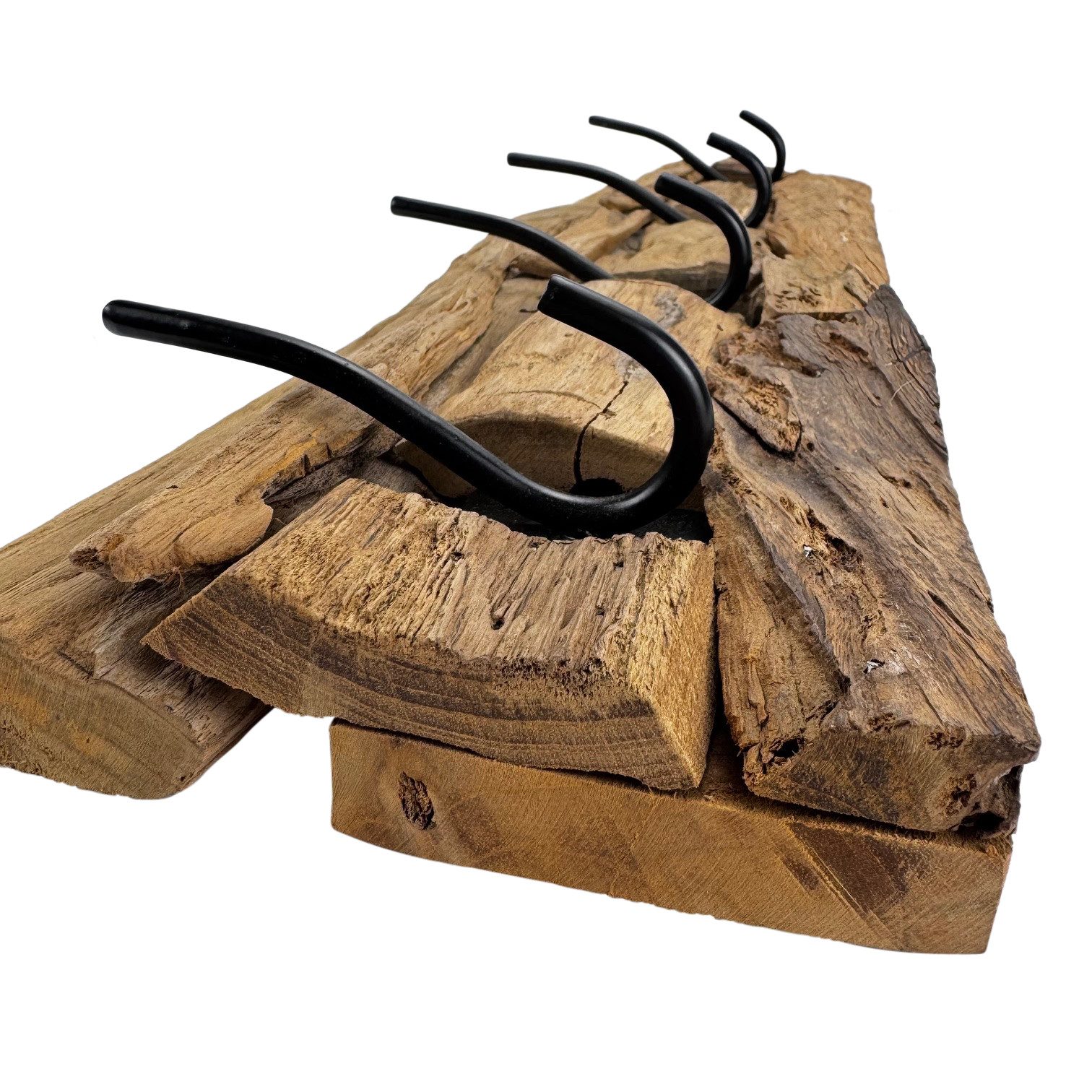 Online-Fuchs Garderobenleiste aus Teak Holz, Wandgarderobe mit 4 Haken aus Metall - 58 cm lang (rustikales Design, natürliche Optik), Treibholz-Look mit natürlicher Maserung und Rissen