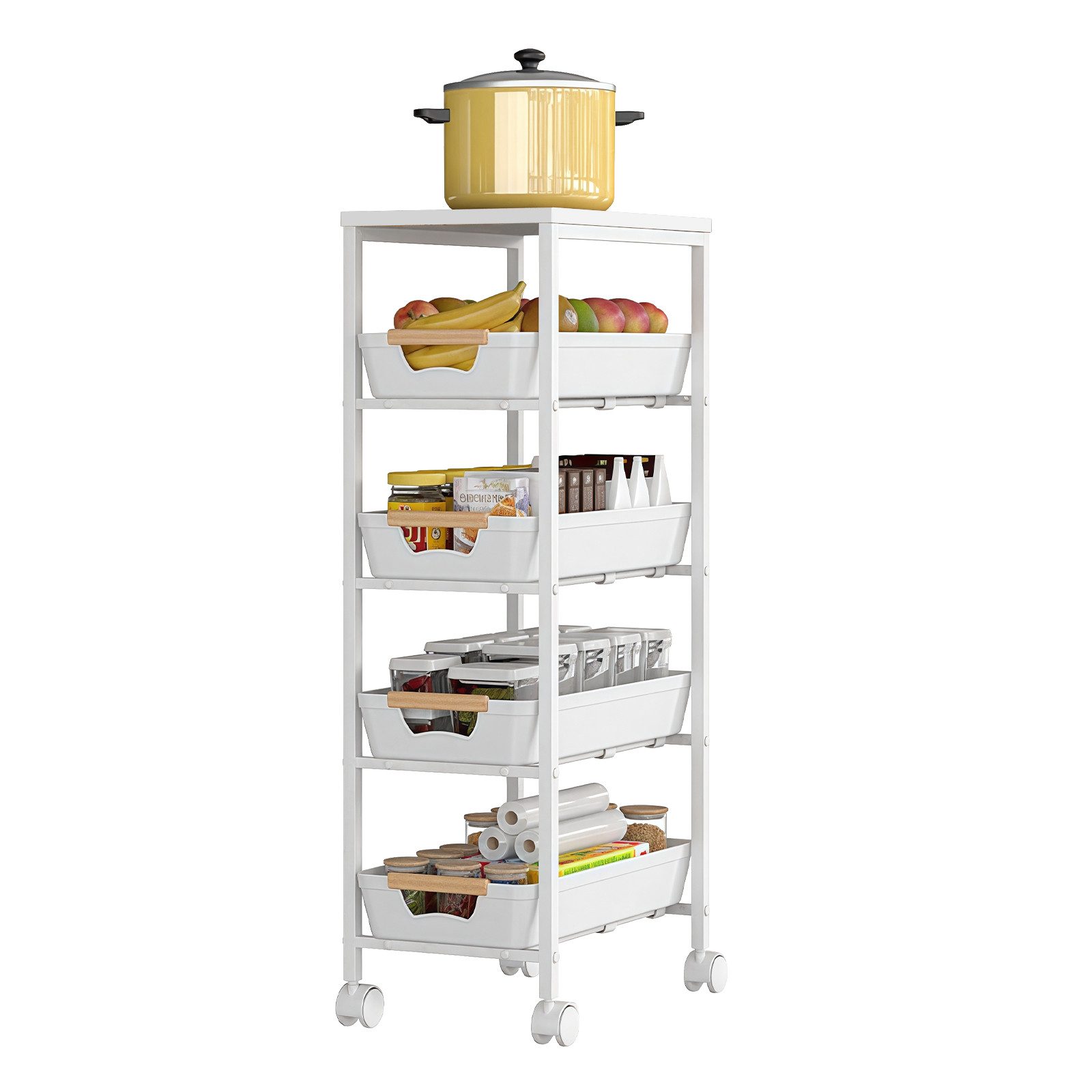 PFCTART Küchenwagen Schmaler Küchenwagen mit Schubladen & Körben, 38×32×81,5 cm, (Set, 1 St., Ideal für Küche, Bad, Waschküche & kleine Räume), Rollwagen mit Holzplatte & Drahtkörben – kompakt, mobil & stabil