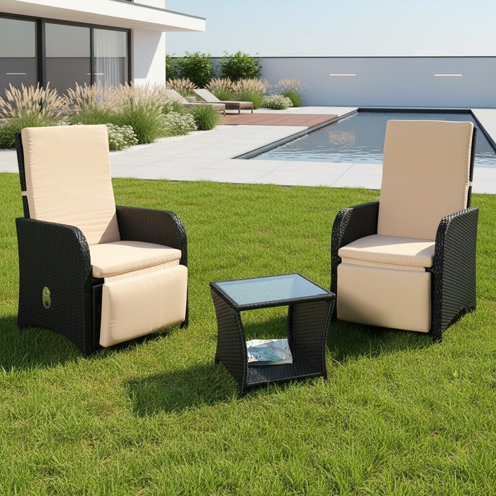 Mucola Sitzgruppe Gartenmöbel Set Sitzgarnitur Polyrattan Sitzgruppe Essgarnitur, (elegantes Set im Lounge-Design, 3-tlg., inkl. Auflagen für mehr Komfort), 3-teiliges Rattanmöbel Set mit verstellbarer Rücken- & Fußlehne