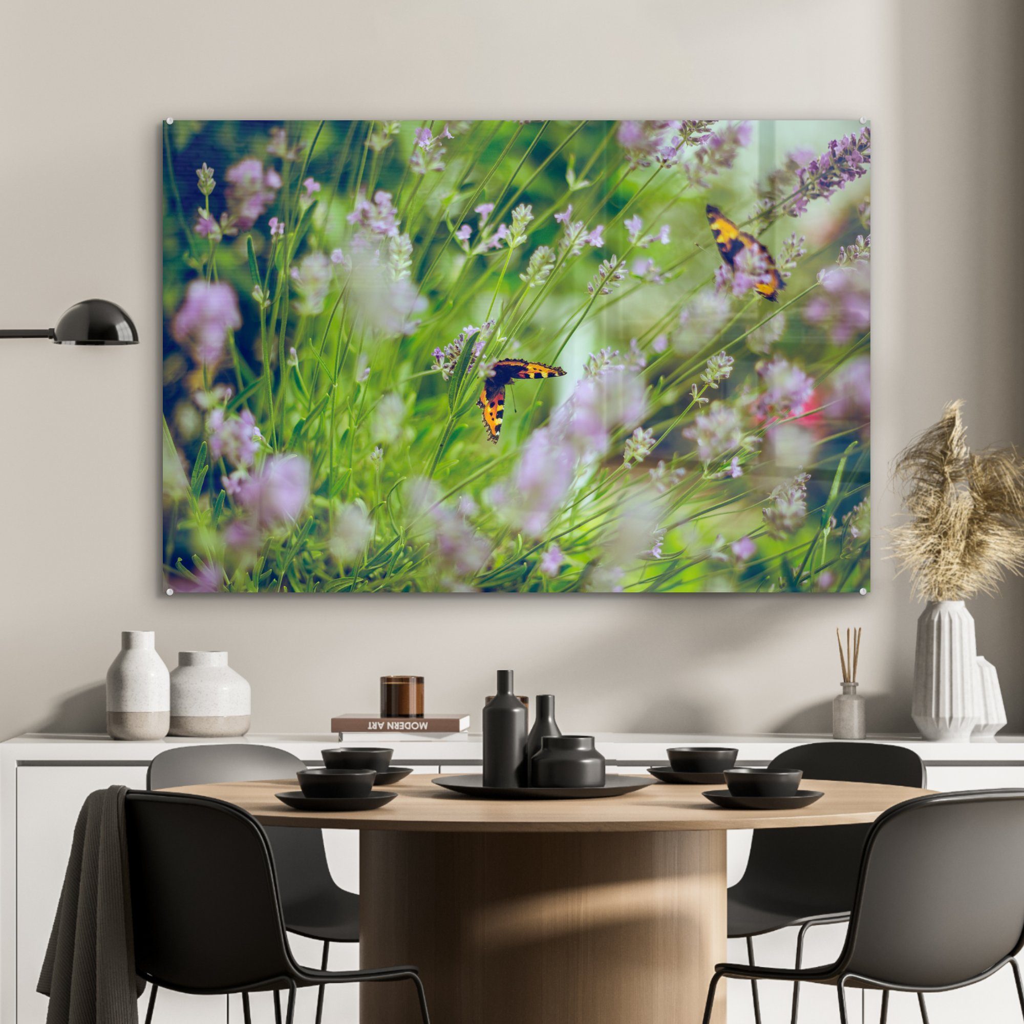 & Acrylglasbilder Blumen, Schmetterlinge (1 MuchoWow - Schlafzimmer - Wohnzimmer Lavendel St), Acrylglasbild