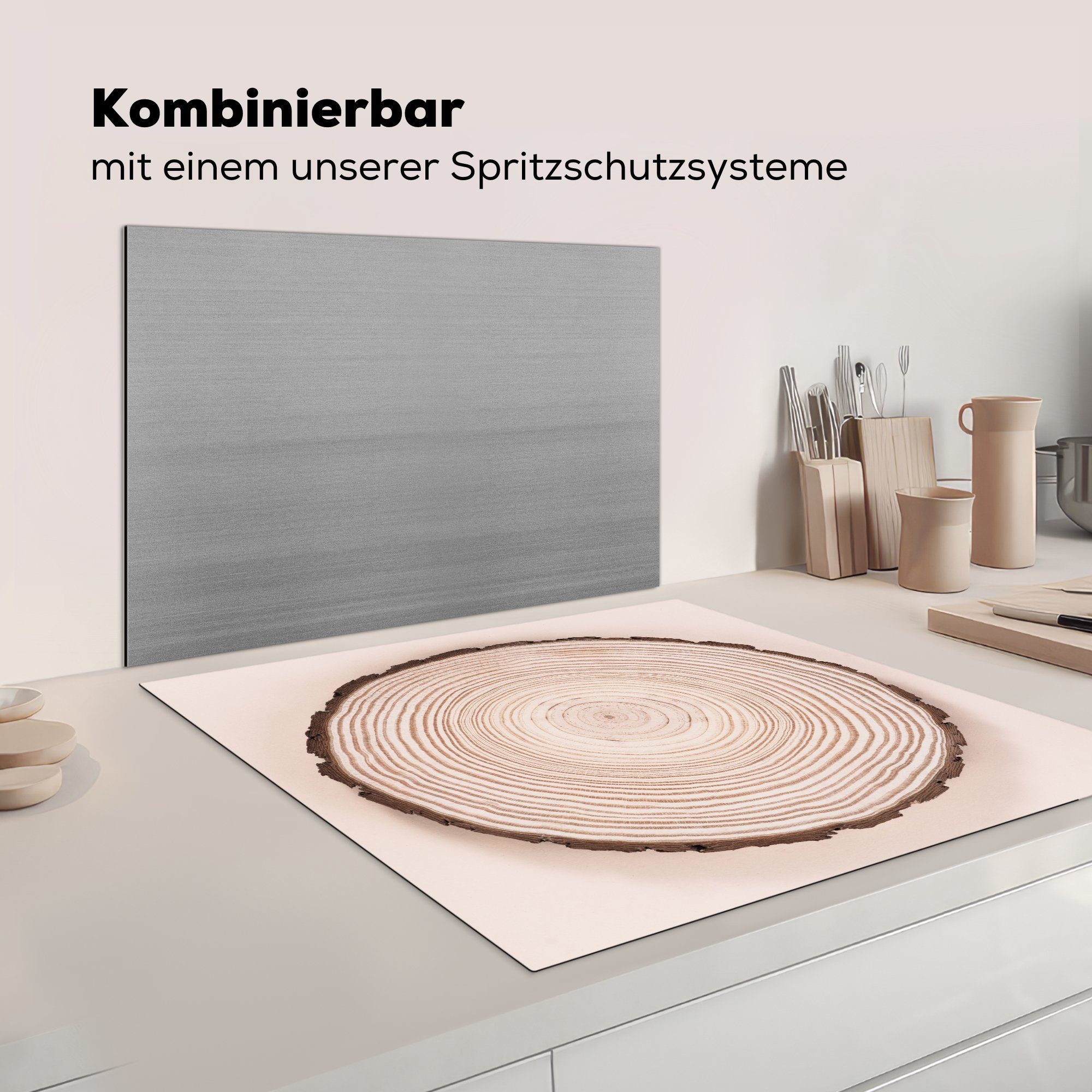 cm, Jahresringe Die tlg), küche eines Vinyl, Arbeitsplatte für Ceranfeldabdeckung, (1 MuchoWow 78x78 Herdblende-/Abdeckplatte Baumstamms,