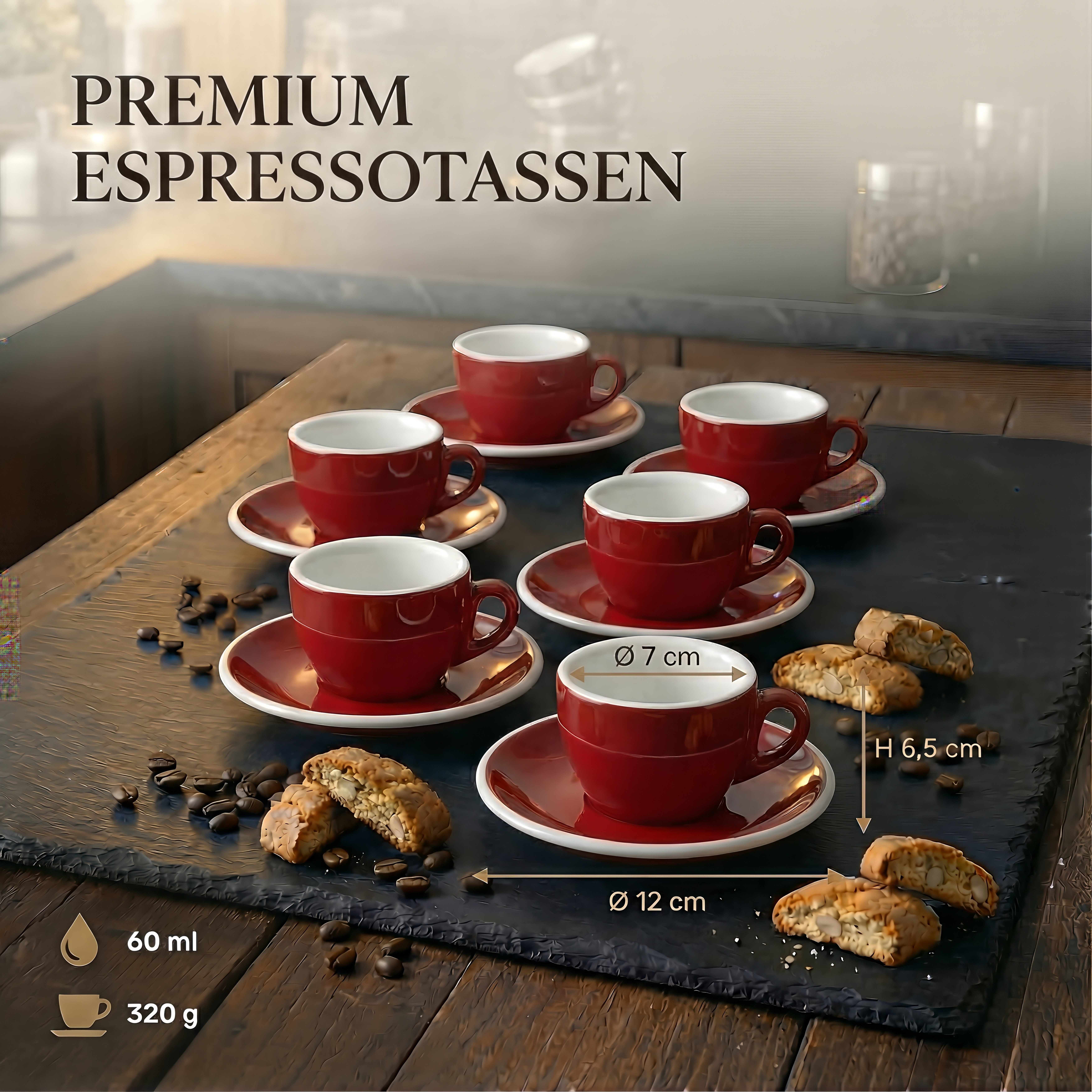 MUVELL Espressotasse 6x Espressotassen & Untertassen Set 0,8 cm dickwandig, rot, 6-tlg., Keramik, 60 ml rot mit weißen Rand und Innenfläche – Bild 5 von 5