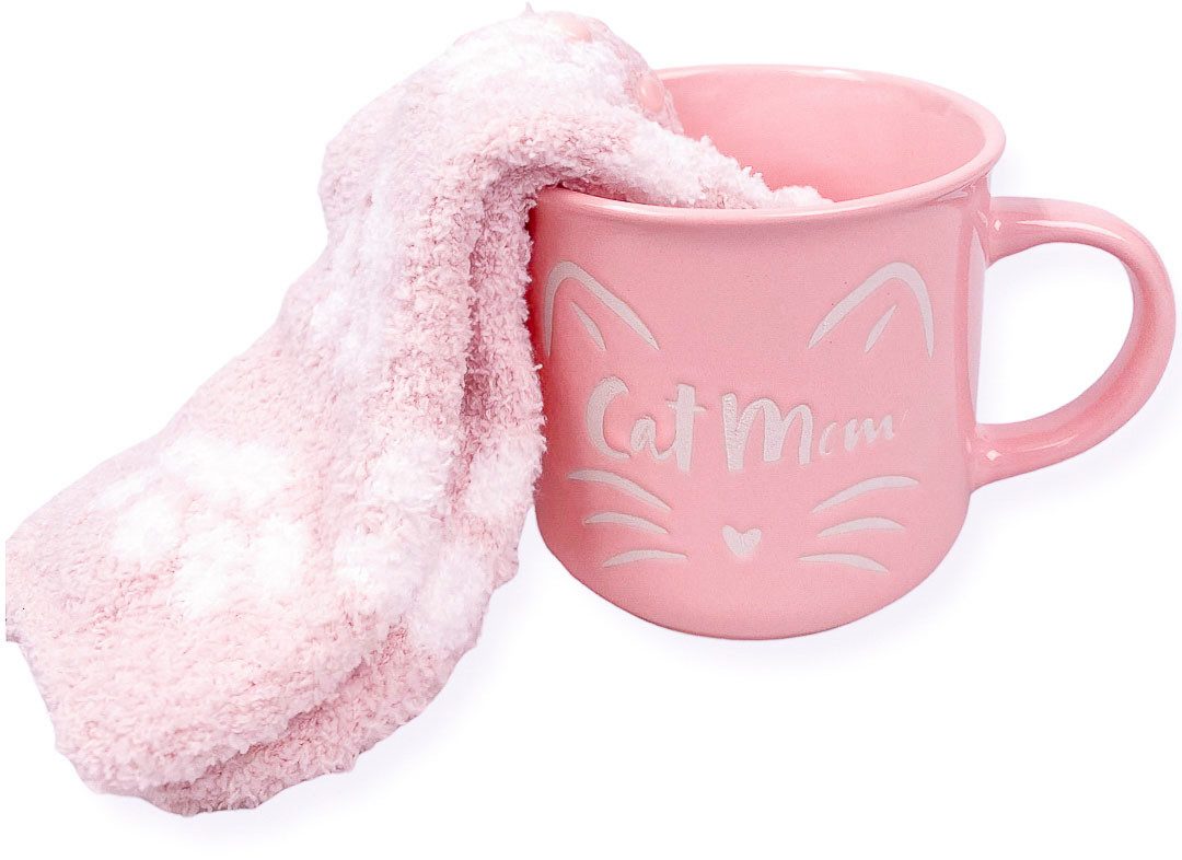 Capelli New York Мягкие носочки (1 Tasse und 1 Paar Носки) Geschenkset mit rosanen Мягкие носочки und pinker "Cat Mom" Tasse