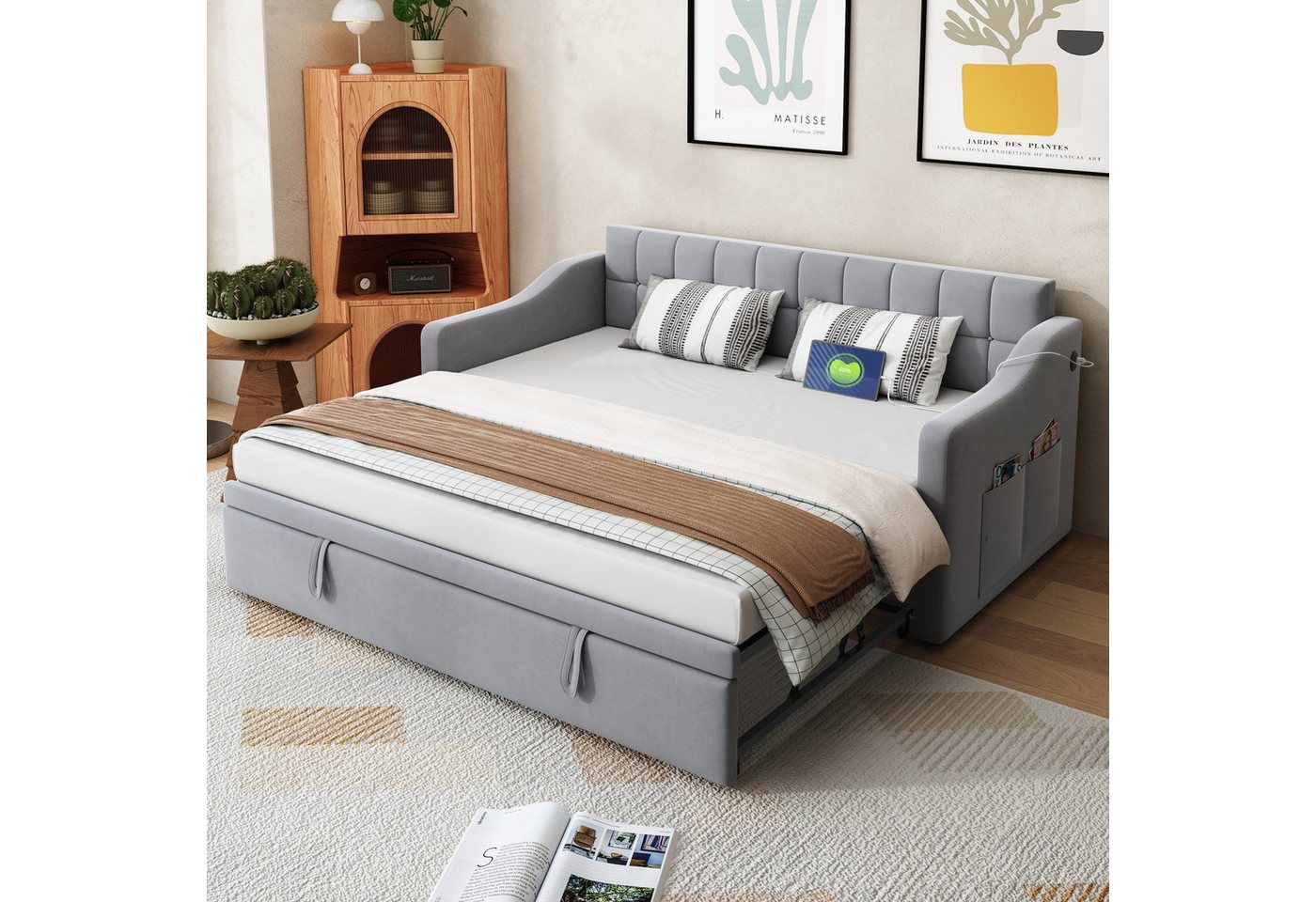 Odikalo Schlafsofa Schlafsofa mit Auszug, Gästebett Samt, Jugendbett mit Bettkasten, Polsterbett Schlafsofa 2 in 1 Multifunktionsschlafsofa 90x190 180x190, Grau / Hellgrau Samtstoff Polsterbett mit Aufbewahrungstasche, Weiches Kissen, vielseitiges Schlafs
