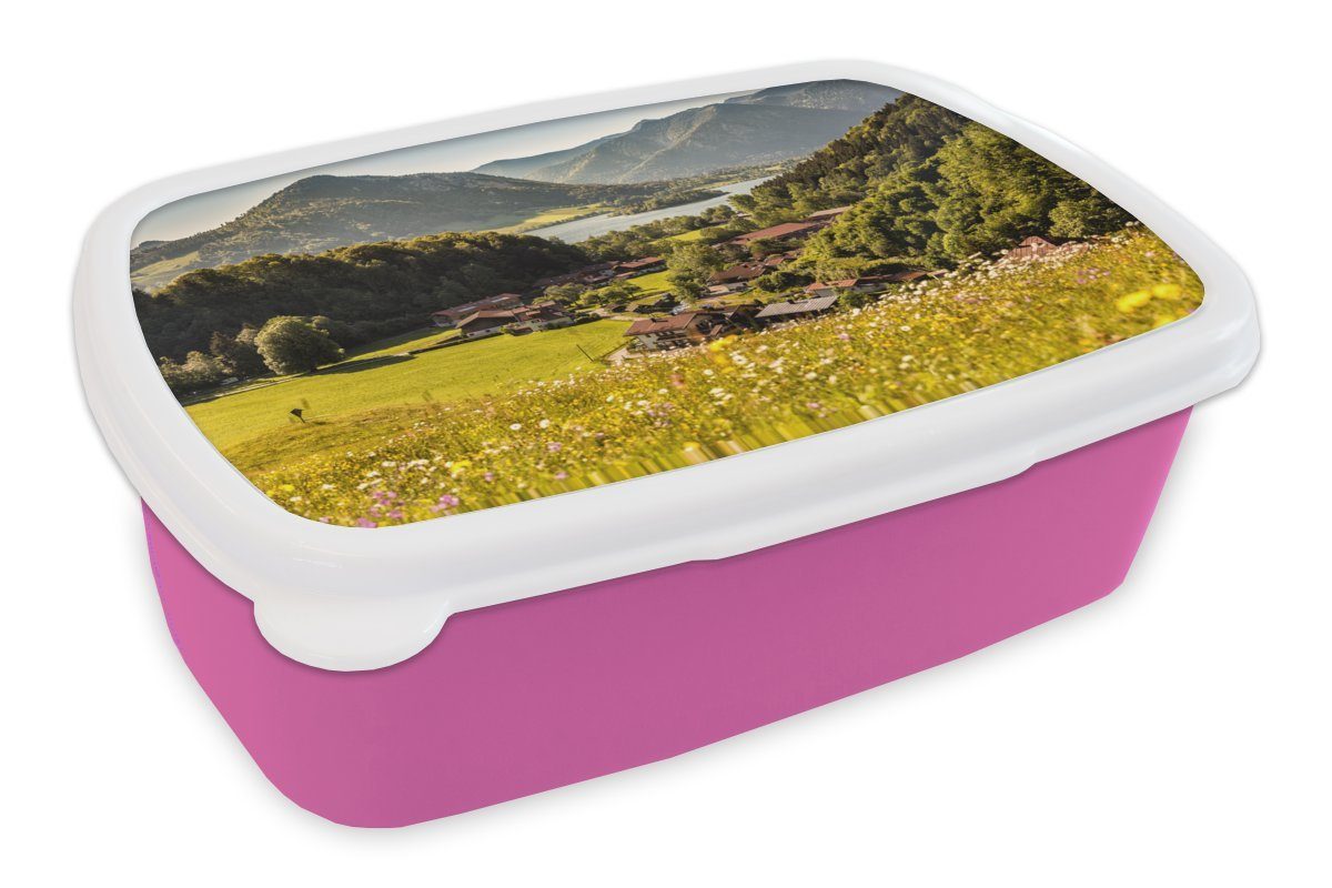 rosa Mädchen, Erwachsene, Berge Kunststoff Kunststoff, MuchoWow - Alpen Blumenwiese, Kinder, - (2-tlg), Brotdose Lunchbox für Brotbox Snackbox,