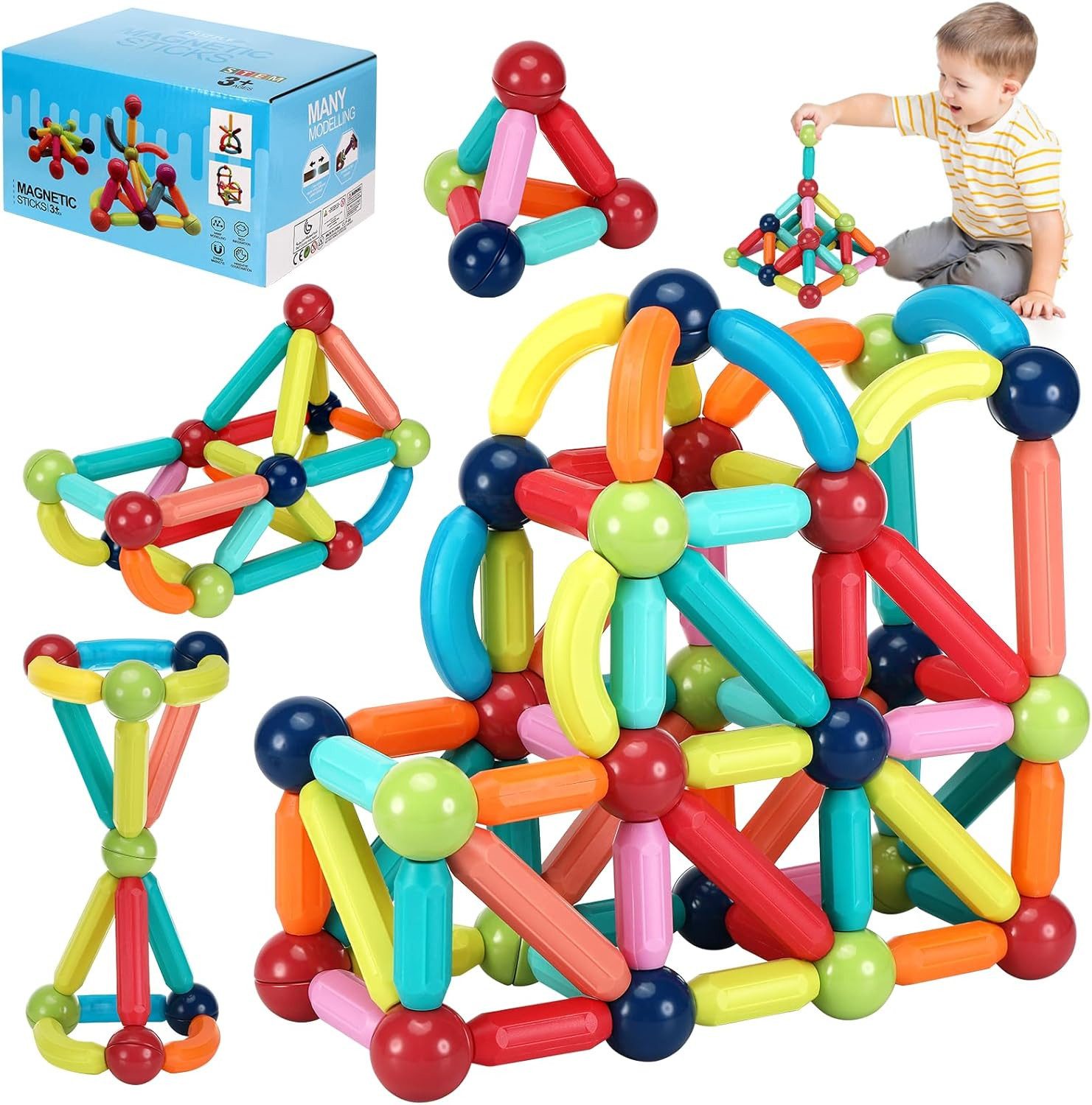 Athlix 84 Magnetische Bausteine, Magnete Stangen Magnet STEM Spielzeug Kinder Magnetspielbausteine, (84 St), STEM-Lernspielzeug, Starke Magneten, BPA-frei