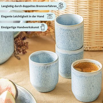 SÄNGER Espressotasse Lima Espressobecher Set, Steingut, Blau Türkis mit hellem Farbverlauf & beigem Rand, 80ml, Handmade