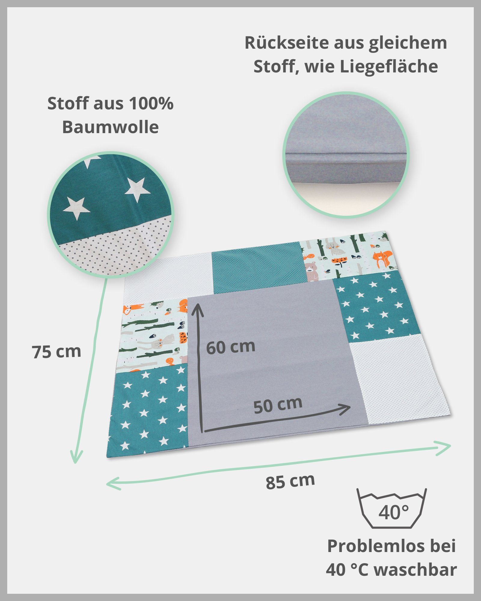 Wickelauflagenbezug 85x75 mit Hotelverschluss, Wickelauflagenbezug cm Bezug Waldtiere Petrol Baumwolle ULLENBOOM EU), 100% ® in (Made