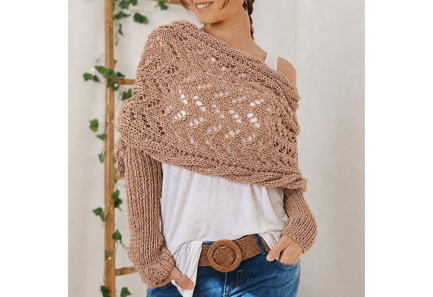 MOPUEA Strickschal Schal Mit ärmeln Strickschals für Damen, Gestrickter Zopfmusterscha, (Schal mit Ärmeln / Strick Wrap, Boho Strickschal mit Ärmeln aus weichem veganem Material), Weich, warm, atmungsaktiv, Boho Stil, Einheitsgröße