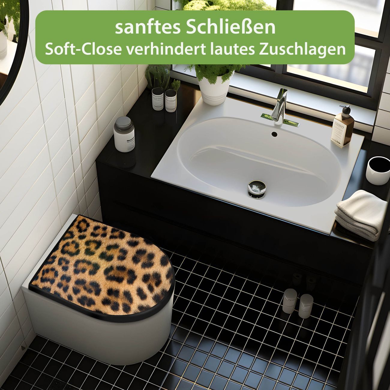 banjado WC-Sitz Premium D-Form mit Absenkautomatik Motiv Leopardenfell (umweltfreundliches Material, Softclose Absenkautomatik), 45 x 36,4 x 4
