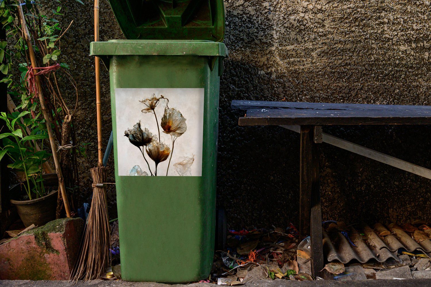 Mülltonne, St), - Abfalbehälter Vintage Blumen Container, Abstrakt Mülleimer-aufkleber, MuchoWow Wandsticker Pflanzen (1 - Sticker, -