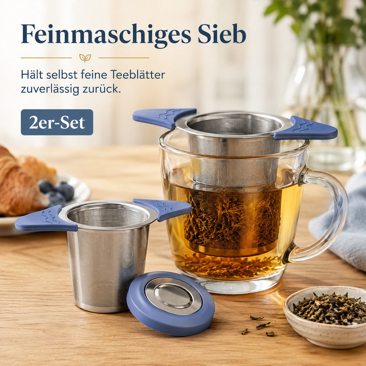 Vornix Teesieb 2er-Set aus Edelstahl, feinmaschiger Tee-Infuser mit Deckel, (hitzebeständigen Silikongriffen, wiederverwendbar für Tassen und Becher) – Bild 5 von 5