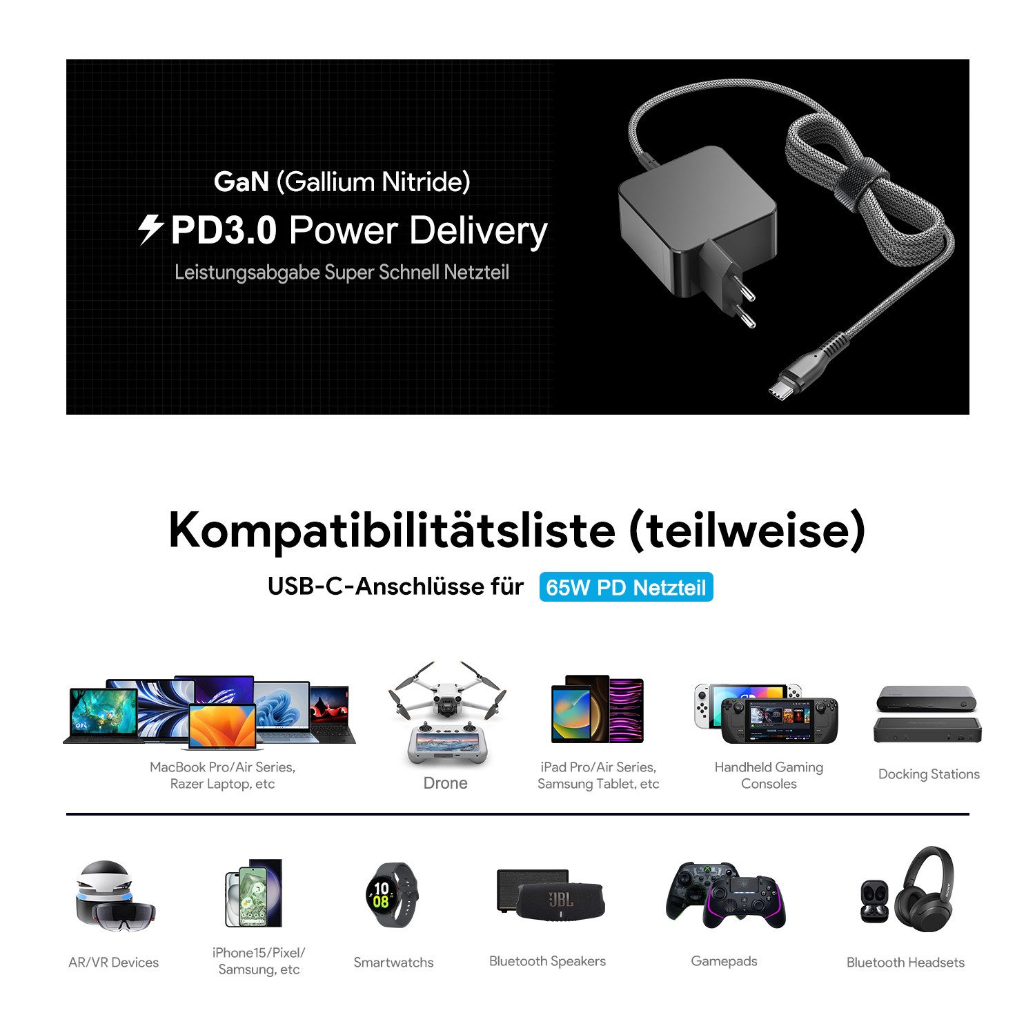HKY 65W USB-C PD Netzteil für Samsung The Freestyle 2nd Gen Beamer Netzteil (40W kompatibel,für tragbare LED Projektoren (30"–100" FHD HDR)