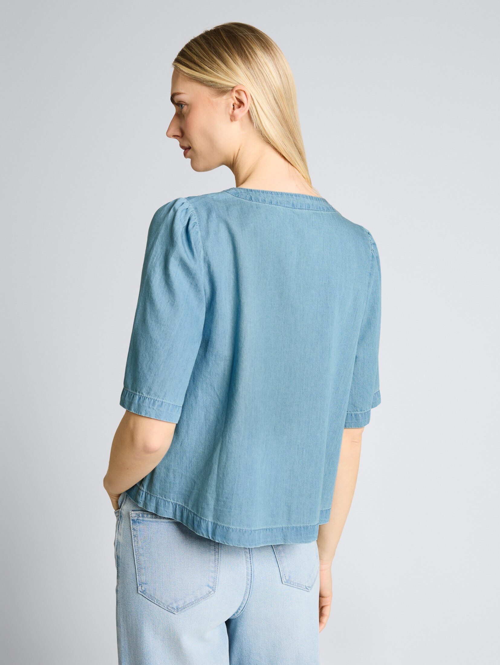 TOM TAILOR Denim Kurzarmbluse Blusen & Shirts Jeansbluse mit Schleifen-Detail