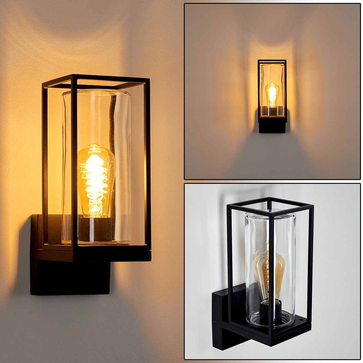 aus E27, hofstein Style Metall der IP44 Leuchtmittel, mit »Besana« Außen-Wandleuchte ohne Gläser 2 und Wandlampe in Industrial Außenlampe an Lichteffekt Rauchfarben/Klar, Wand, Schwarz