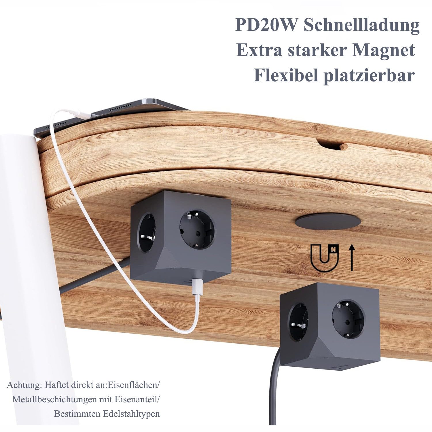 ibettertec Mehrfachsteckdose Würfel mit Magnetpad PD20W 6in1 Mehrfachsteckdose Steckdosenleiste 6-fach (USB-Anschlüsse, 3680W 16A,USB PD20W, Blitzschutz, Überla – Bild 5 von 5