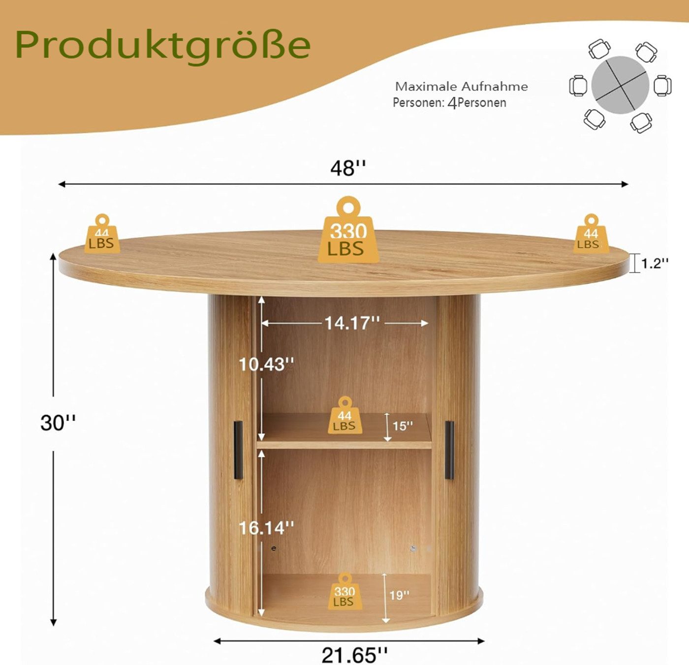 MECO Esstisch Küchentisch Esstisch Runder Ø120cm mit Schiebetüren und Stauraum (für 4 Personen), Bis 150kg, Stabil Esszimmertisch Holz für Esszimmer Wohnzimmer – Bild 5 von 5