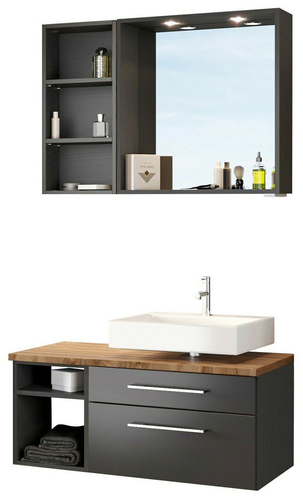 HELD MÖBEL Badmöbel-Set Unterbecken-Set Davos 90 cm -A- (rechts) graphit/matt grau