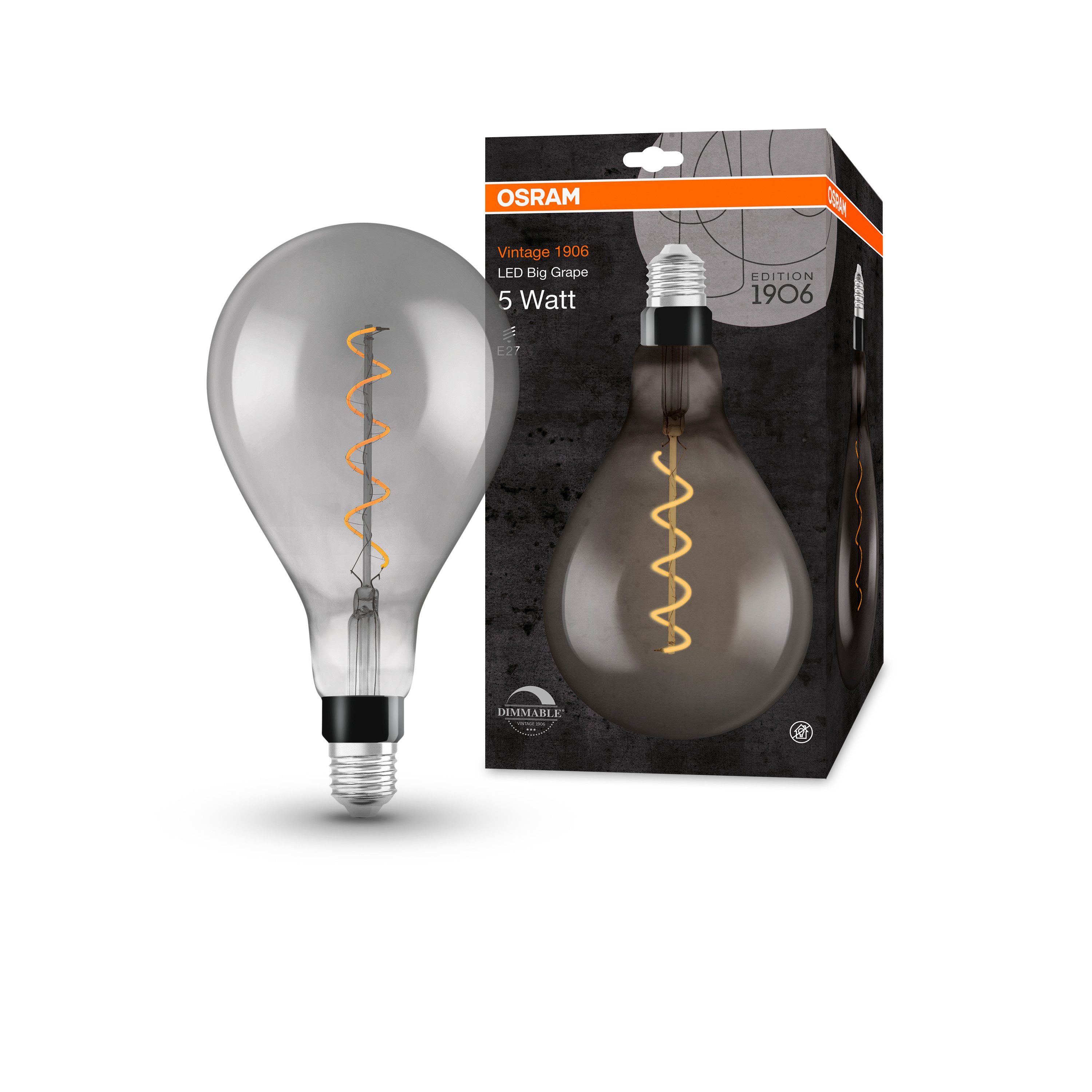 Ledvance LED-Leuchtmittel Vintage 1906 Edison 15 Filament Big Grape DIM 4W 818 Smoke E27, E27, 1 St., Warm Comfort Light, Einfacher Austausch von Standardglühlampen