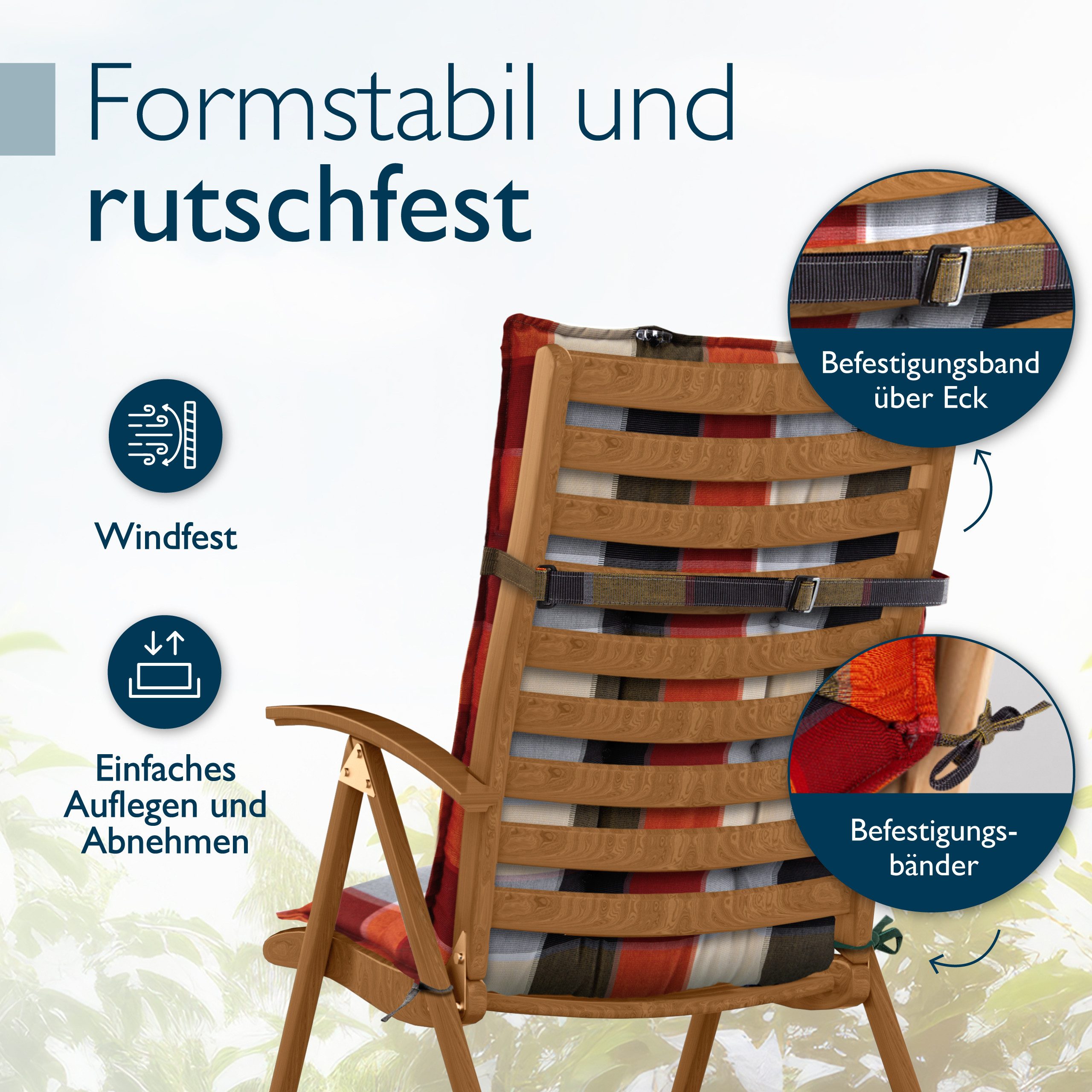 Beautissu Hochlehnerauflage Premium Hochlehner Auflage Kopfpolster Sun Sun-HL, 120x50cm, Beige, Mit Kopfpolster, rutschfest & robust – Befestigungsbänder, UV 5 – Bild 5 von 5