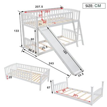 Flieks Etagenbett, Hochbett Kiefernholzbett Kinderbett mit Rutsche 90x200cm