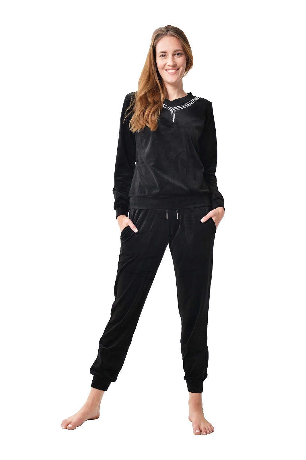 RAIKOU Hausanzug elegant Homewear Freizeitanzug Fitnessanzug (2-Teiliger Jogginganzug Trainingsanzug smartweiche Nicki, 2 tlg) am Ausschnitt mit hellem Stassstein