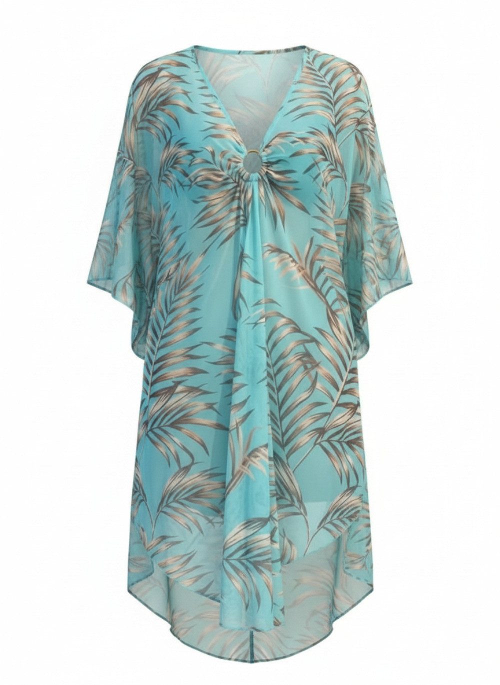 Lovolotti Strandkleid Sommerkleid mit Palmenprint Luftige Chiffon-Tunika mit V-Ausschnitt Sommer-Kaftan in Türkis, Kurzarm, Freizeitkleid für Strand Urlaub