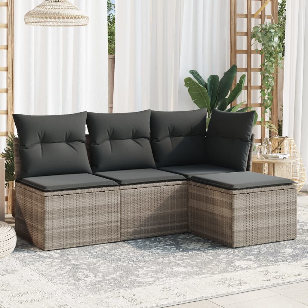 vidaXL Gartenlounge-Set 4-tlg. Garten-Sofagarnitur mit Kissen Hellgrau Poly Rattan, (1-tlg)
