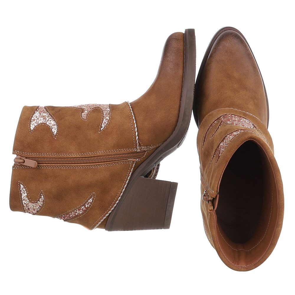 Ital-Design Modische Stiefelette mit Glitzer-Details für Damen Westernstiefelette (90482696) Blockabsatz Stiefeletten in Camel