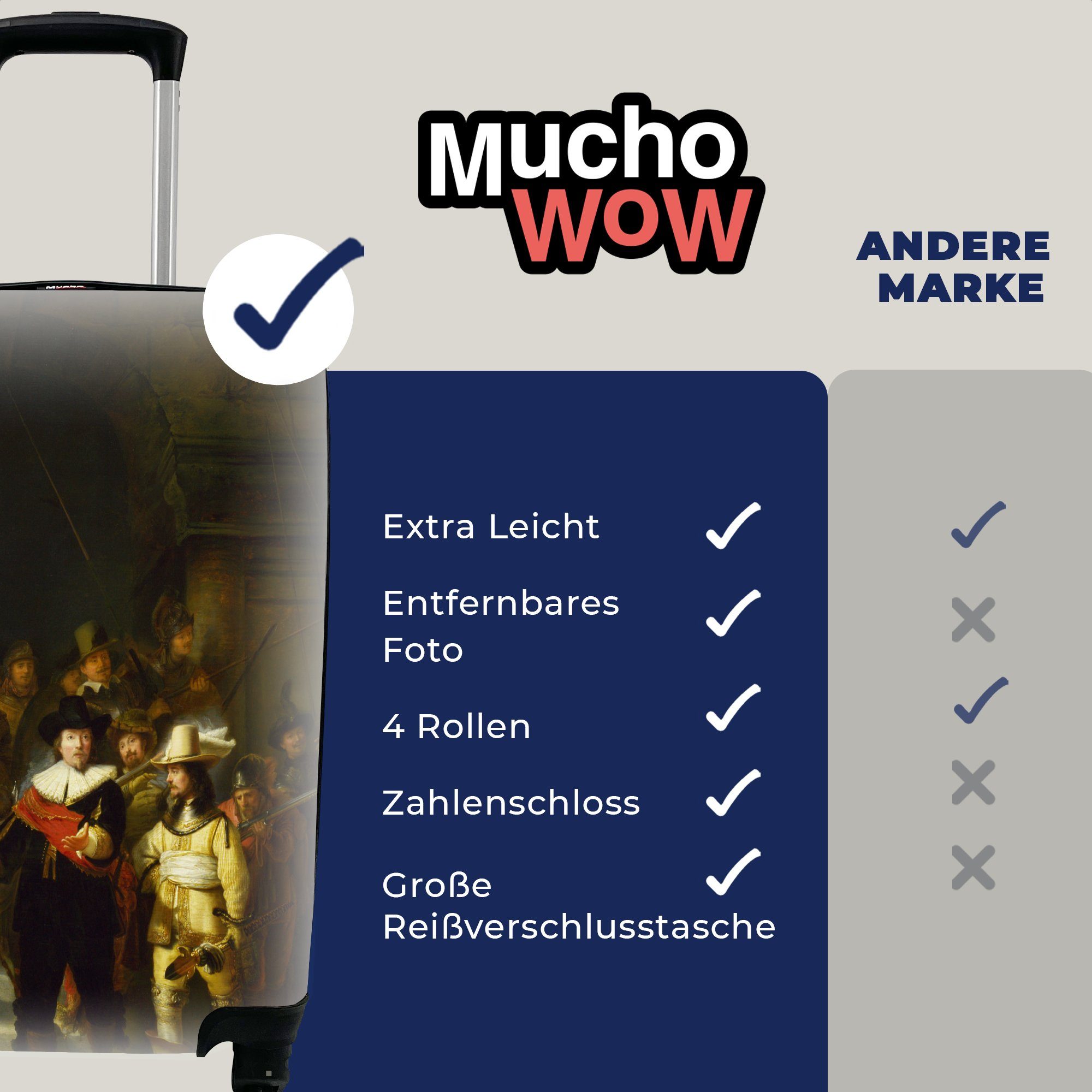 MuchoWow Handgepäckkoffer Reisekoffer van Rijn, Trolley, Reisetasche Rollen, - mit 4 Rembrandt für Ferien, Nachtwache rollen, Die Handgepäck
