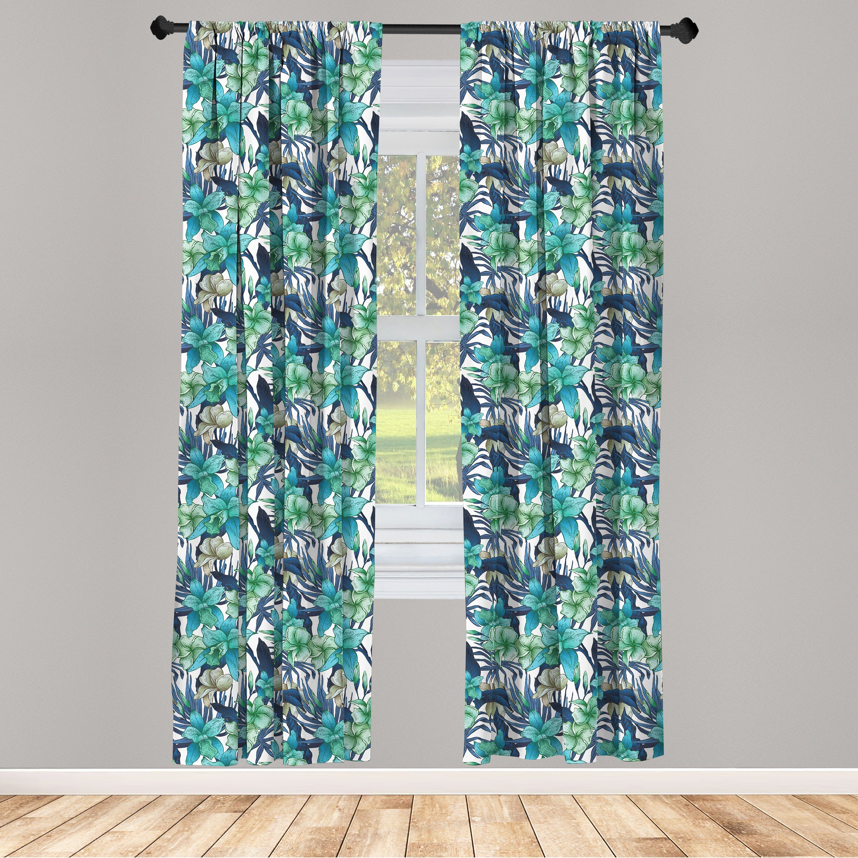 Gardine Vorhang für Wohnzimmer Schlafzimmer Blau Abakuhaus, Microfaser, Grün-Ton Blumen und Jahrgang Dekor