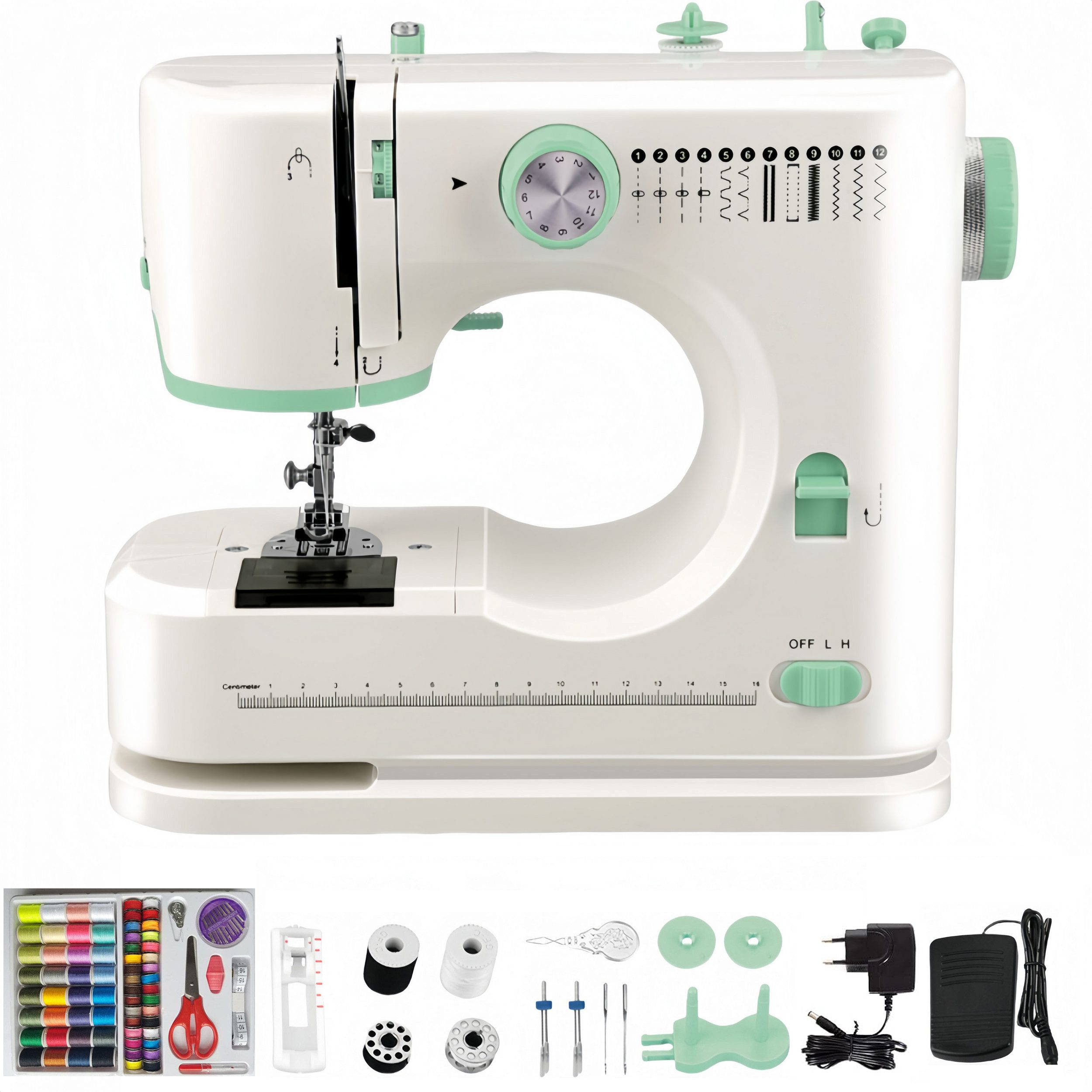wohnTRAUM24 Nähmaschine Nähmaschine Haushaltsnähmaschine Multifunktionale Mini-Handnähmaschine, 12 Programme, mit 12 integrierten Sticharten, Doppelnadel, 2 Geschwindigkeit, Nähset