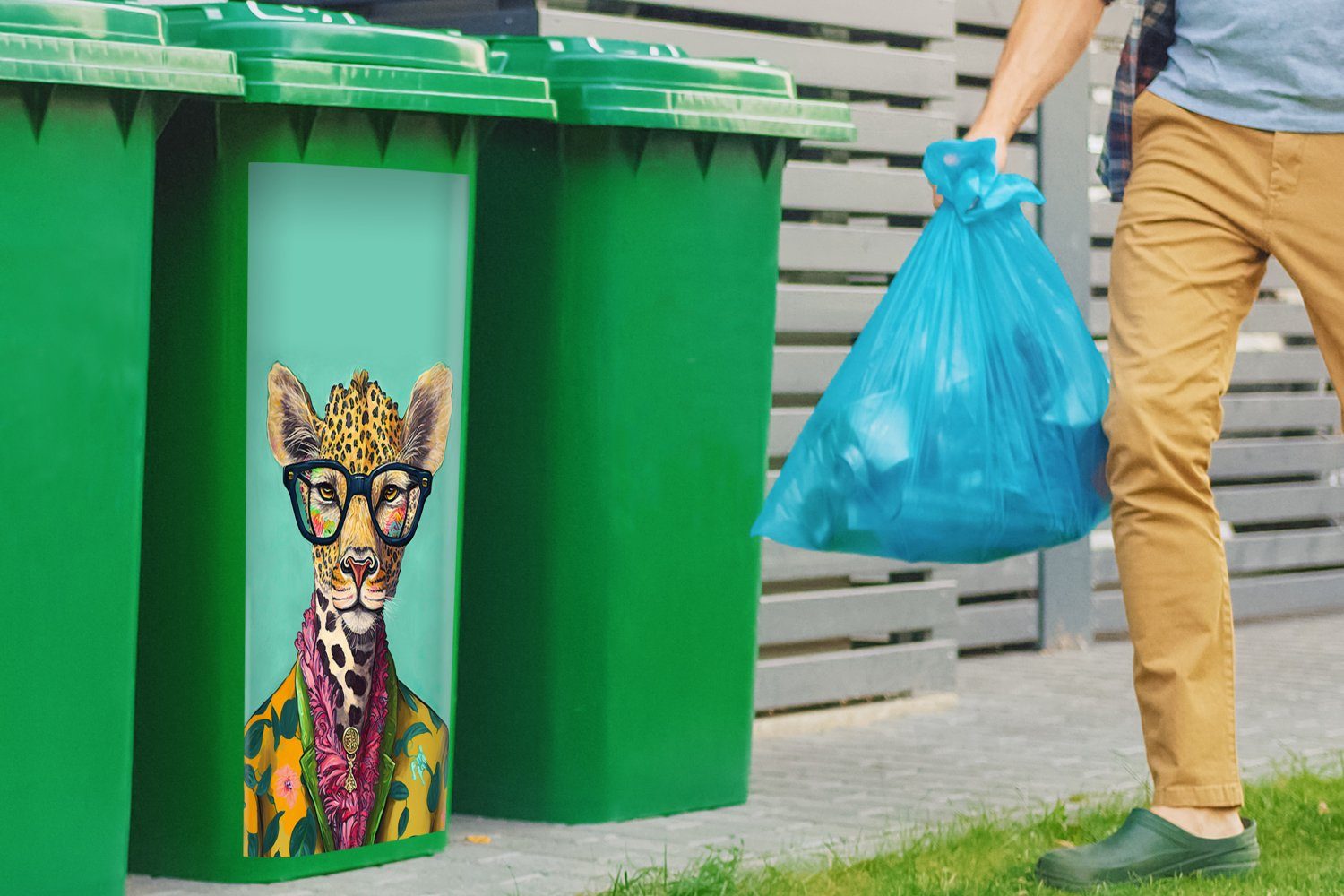 MuchoWow Wandsticker Container, Design - Mülltonne, - Sticker, (1 - Abfalbehälter Giraffe - St), Blätter Brille Mülleimer-aufkleber, Tiere