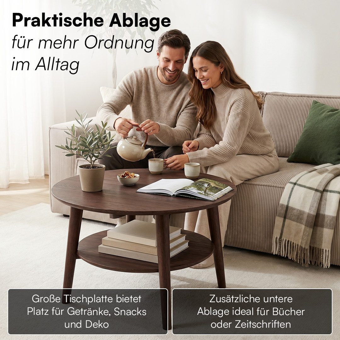 skølm Couchtisch Mjölnir aus Eiche Massivholz (Dunkel lackiert), Wohnzimmertisch Ø70 cm mit 2 Ablagen, auch in oval erhältlich