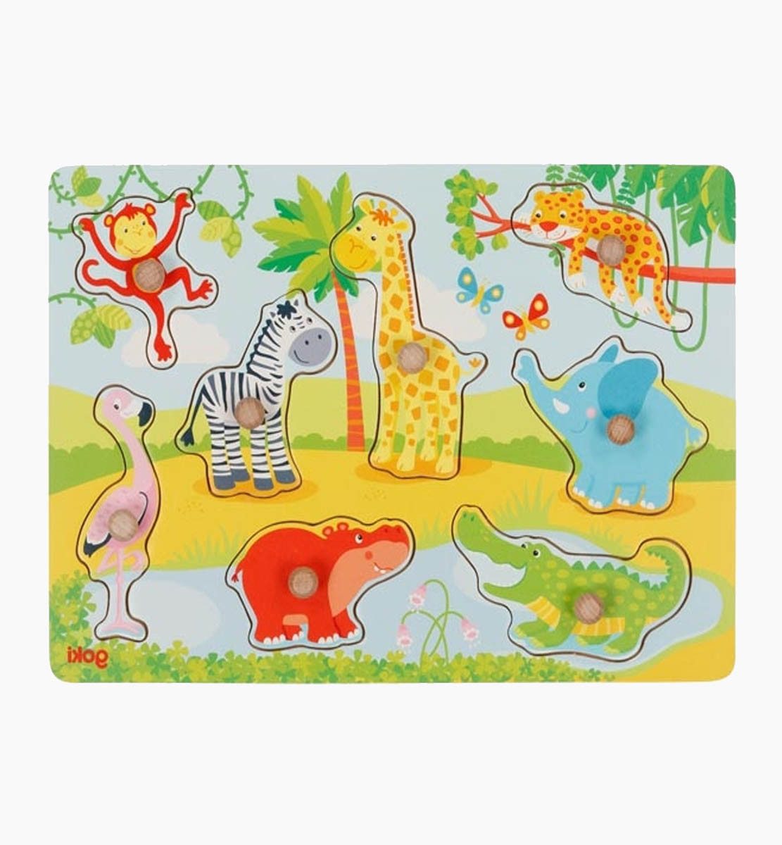 goki Steckpuzzle Steckpuzzle Afrikanische Tierkinder, 8 Puzzleteile, durch die großen Holzgriffe gut zu Greifen