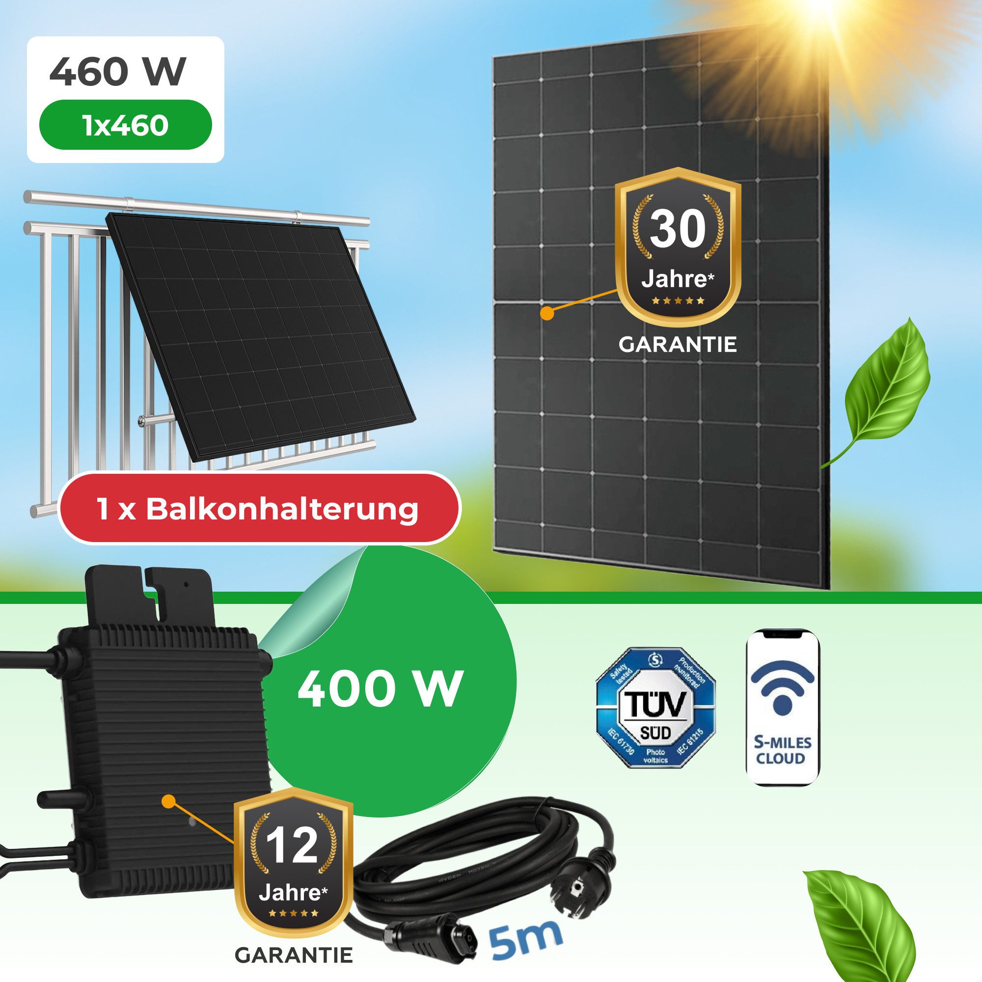 Paket.ag Balkonkraftwerk 460 W Full-Black Modul(bifazial) + Hoymiles HM-400 + Balkonhalterung, (1-St)