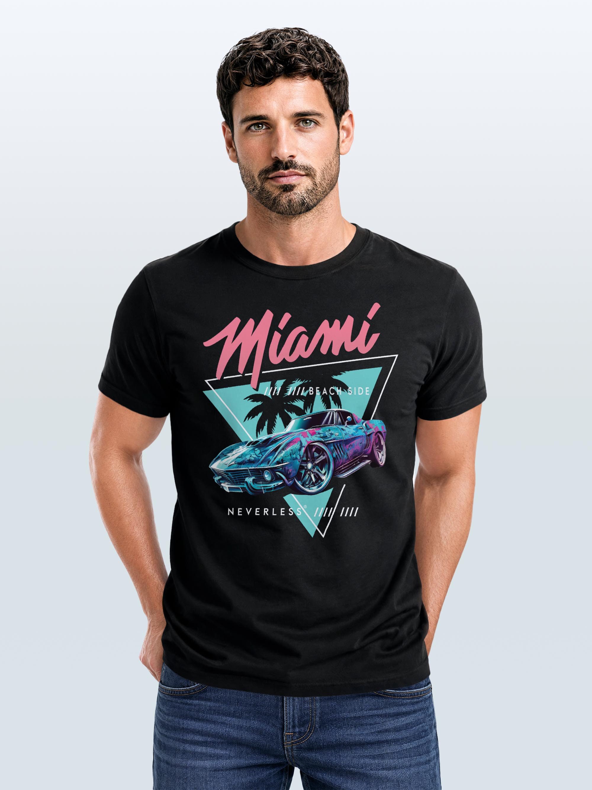Neverless Print-Shirt Herren T-Shirt Bedruckt Miami Beach Surfing Motiv USA Retro Automobil mit Print