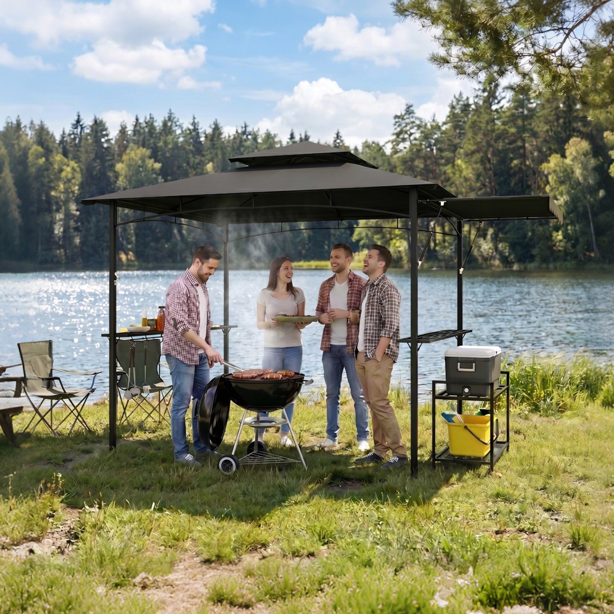 FIVMEN Grillpavillon mit seitlicher, Doppeldach Seitenablage Garten BBQ Pavillon, Grillunterstand für Terrasse stabiler Stahlgestell 245x141x253cm