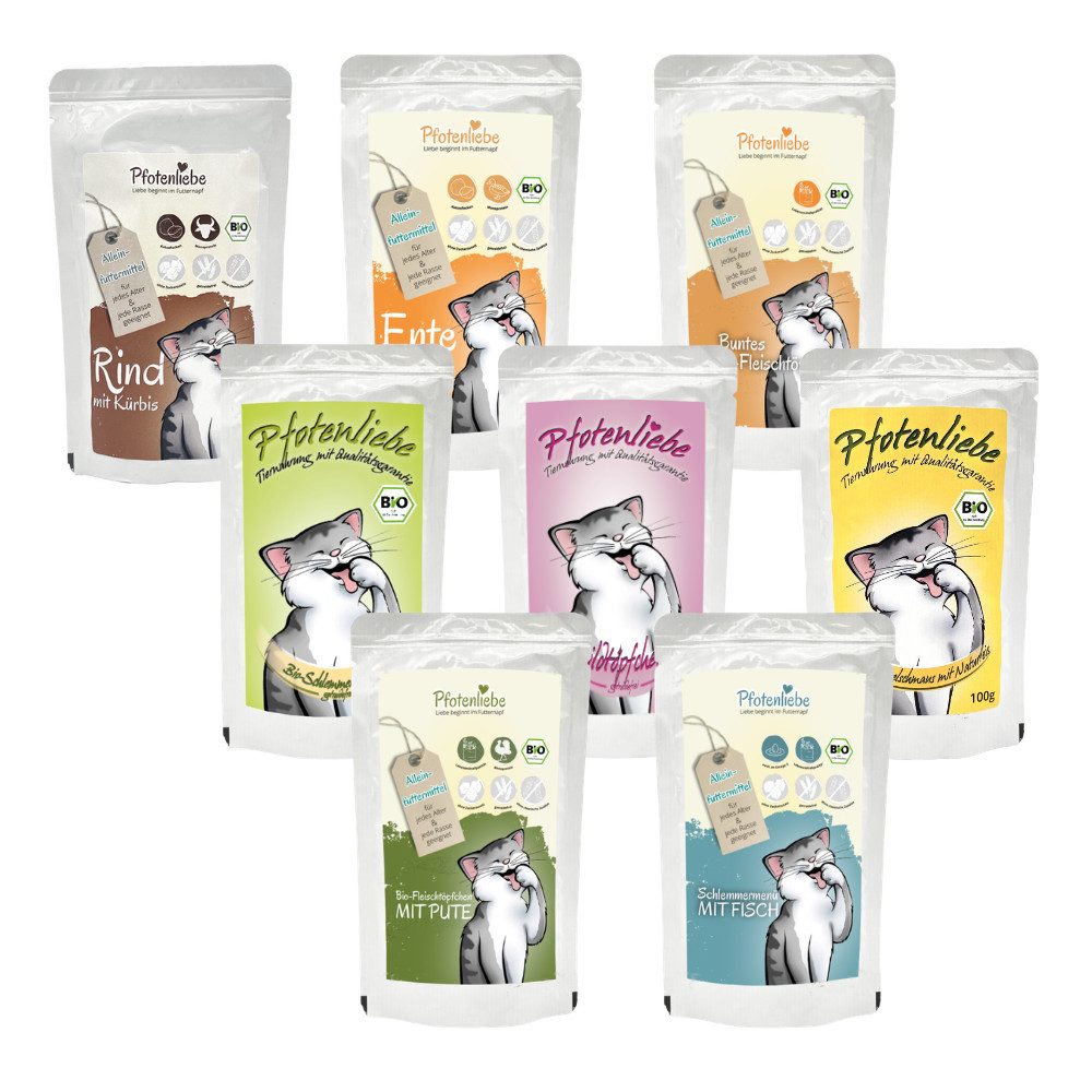 Pfotenliebe Schnupperpaket für Katzen - 8 x 100g mit Futtertopping Huhn, Nassfutter für: Katzen