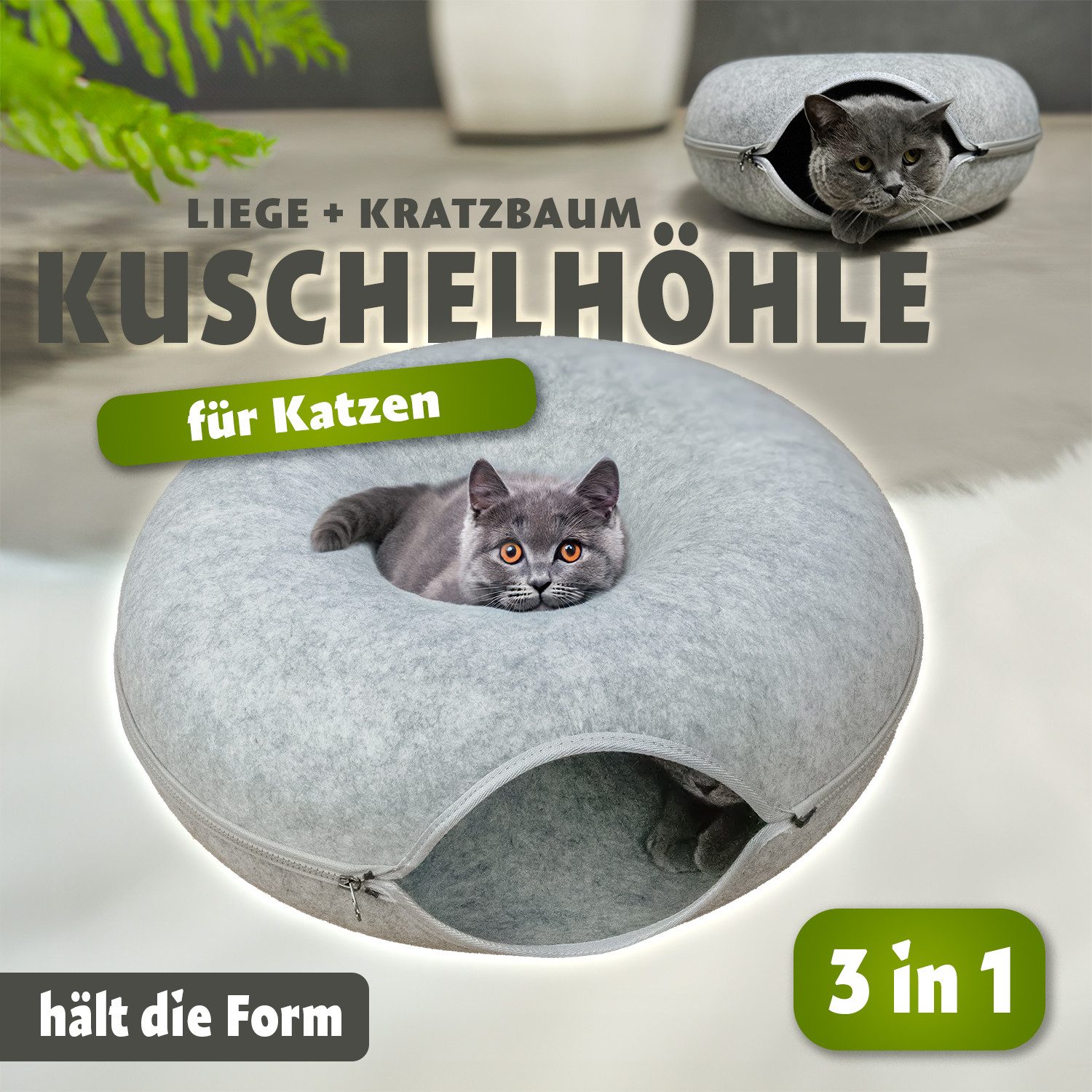 KVOTA Katzenliege Katzentunnel KatzenhöhleSpielhöhle Grau 50x50x20cm aus Filz, rund